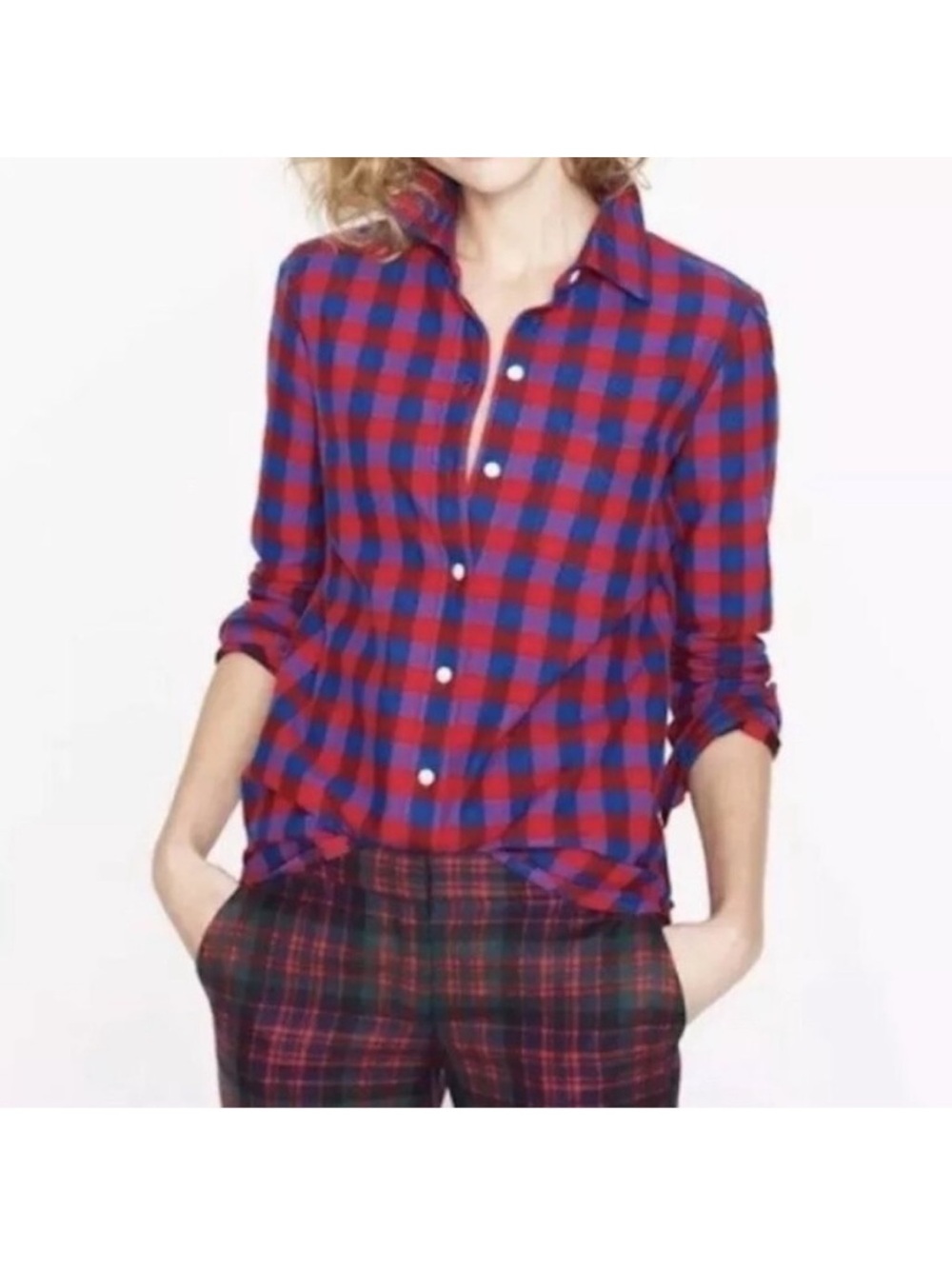 J.Crew Plaid Boy Fit Button Down Shirt Red Blue Cotton Size M Classic Preppy